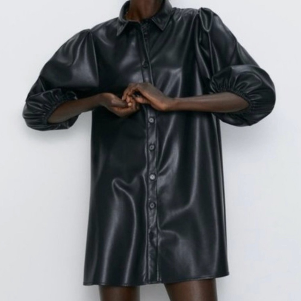 Zara Faux Leather Shirt Dress Size S Black Puff Sleeve Dark Feminine Vamp Goth